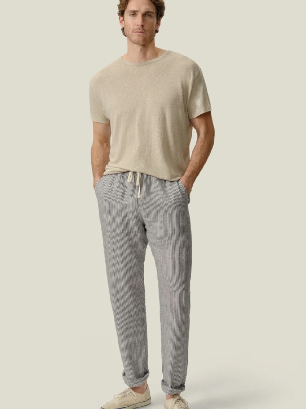 Alex Crane Bo Linen Drawstring Striped Pants Men's Size Large Lightweight (O)